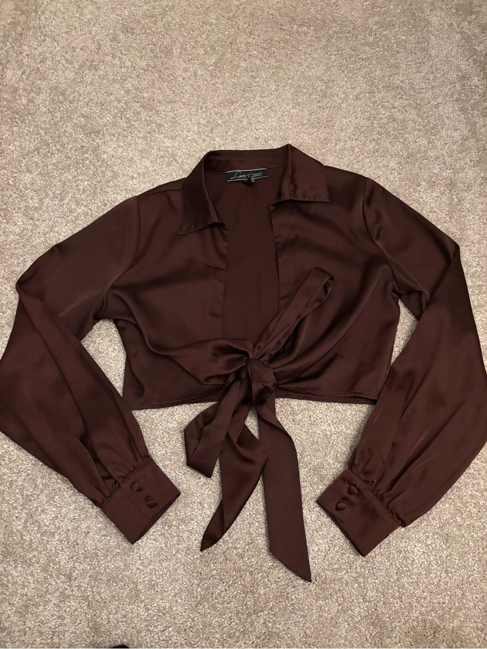 Love University Brown Satin Tie-Front Crop Blouse